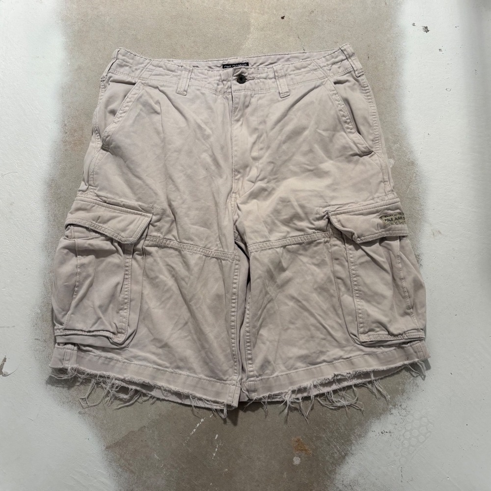 Polo Jeans Co Ralph Lauren Mens Cargo Shorts Khaki Tan Frayed Hem Size 32